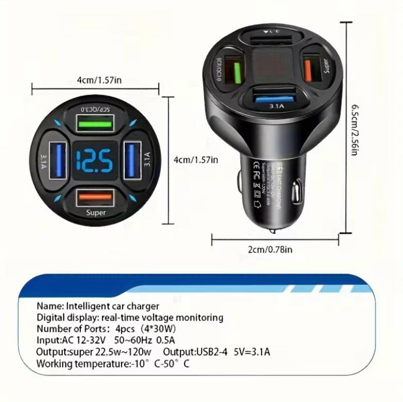 Car Charger fast Charging 4 USB Digital Display 4-in-1 PD Mobile Phone Charging Head