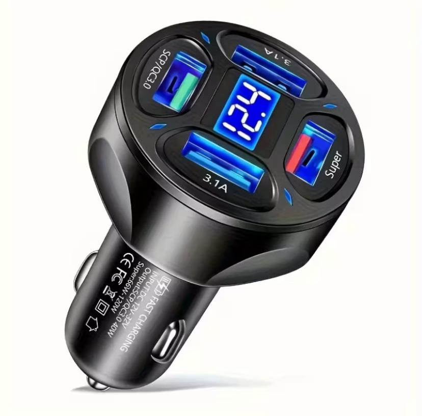Car Charger fast Charging 4 USB Digital Display 4-in-1 PD Mobile Phone Charging Head