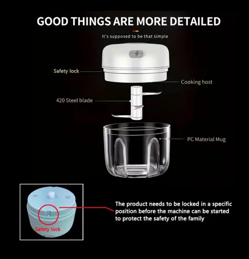 Rechargeable garlic chopper and meat grinder.